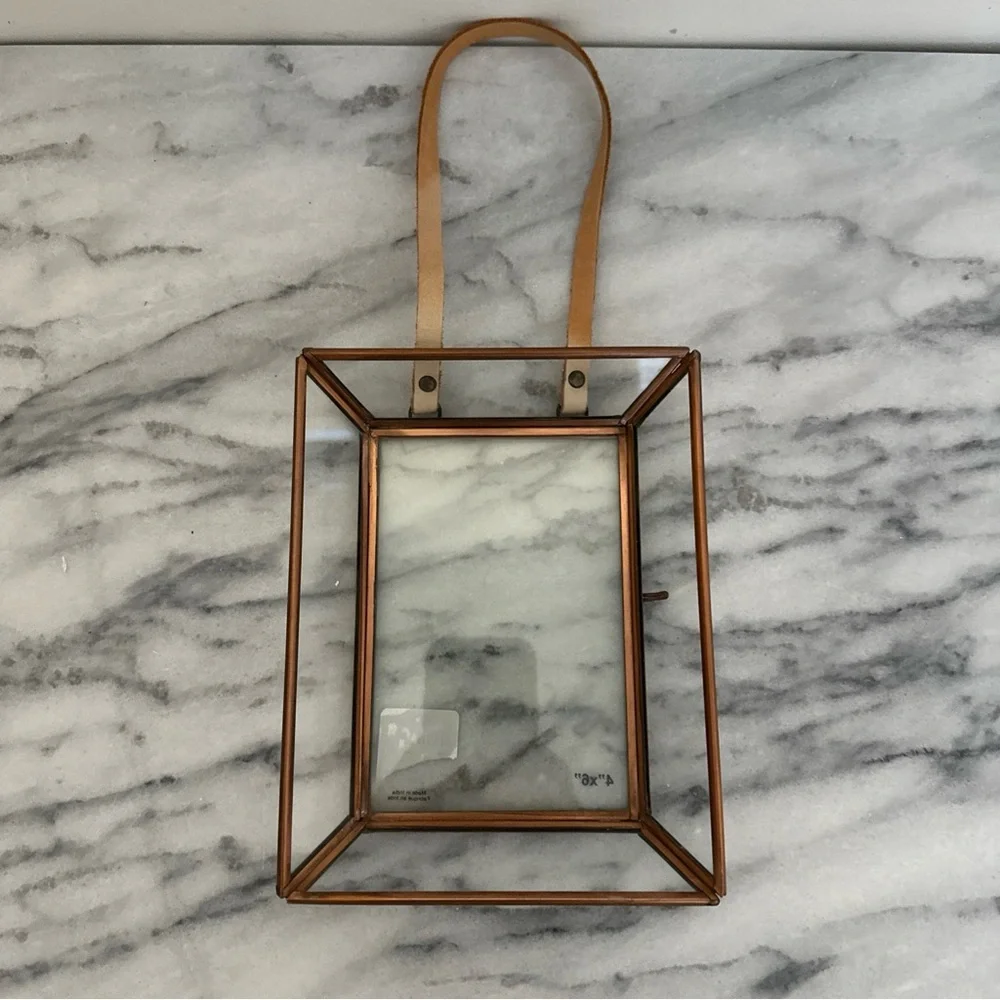 Anthropologie Townsend brass box style picture photo frame with leather string